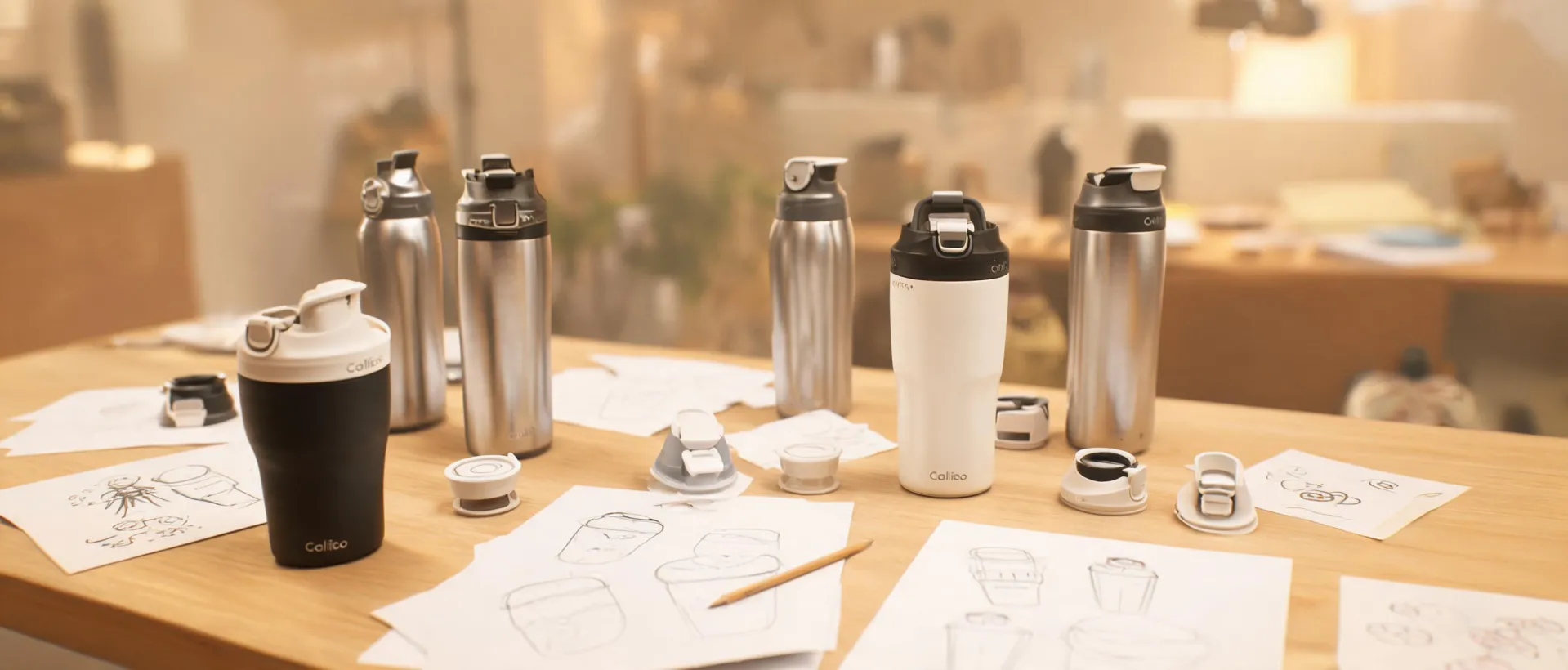 Warm Contigo brand table with drinkware sketches and finished bottles
