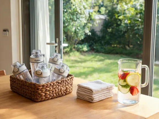 Guest tumbler basket near patio door