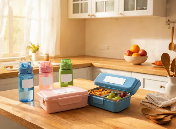 Family lunch prep counter with kids drinkware