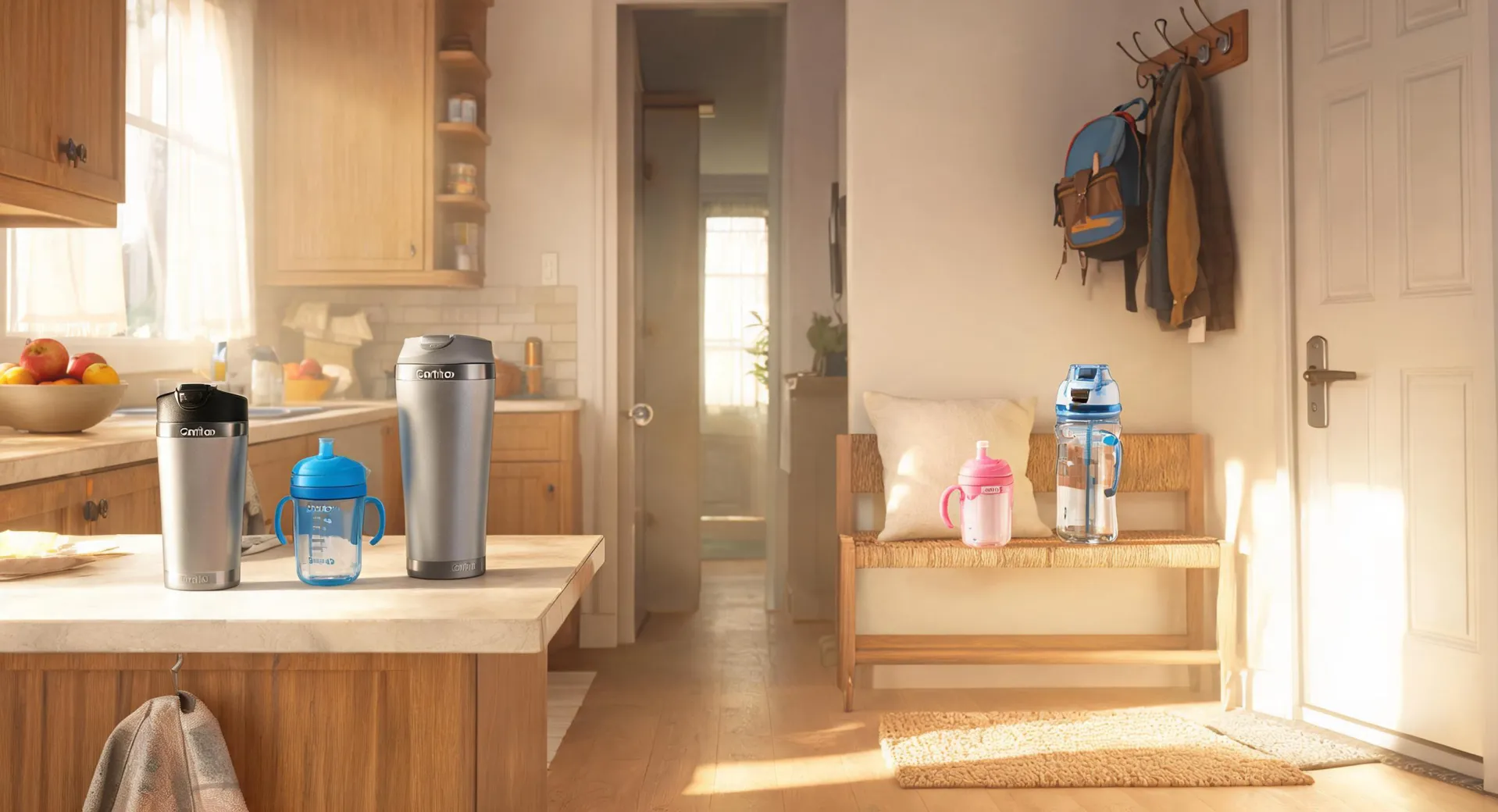 Contigo bottles, mugs and tumblers arranged near a bright family kitchen and entry bench