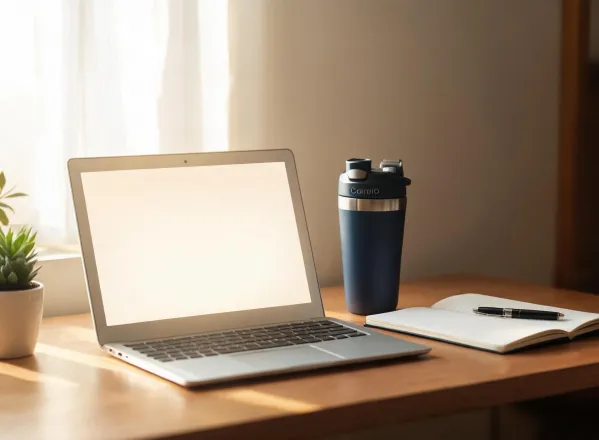Desk with travel mug and notebook