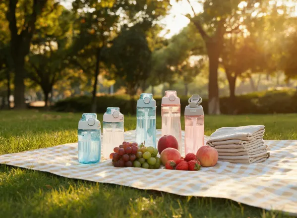 Picnic blanket with tumblers and bottles