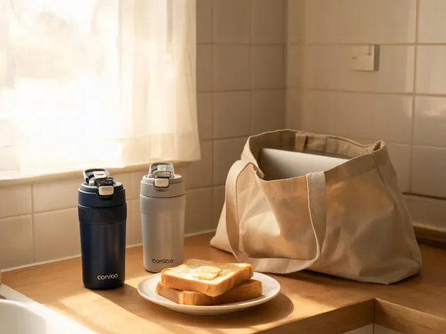 Contigo travel mugs near breakfast table