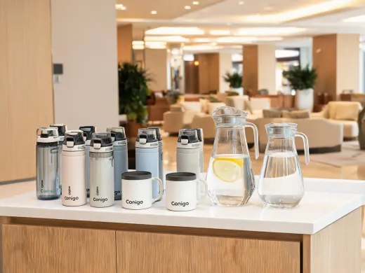 Hospitality refreshment counter with Contigo bottles